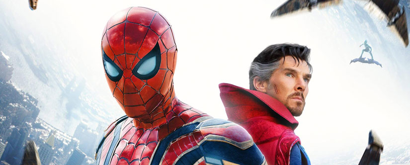 Spiderman in suit with Doctor Strange, man with red cape behind him