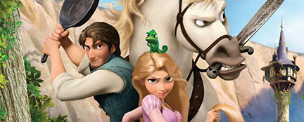 Rapunzel with long blonde hair in middle, with Flynn Rider and frying pan on left and white horse on right
