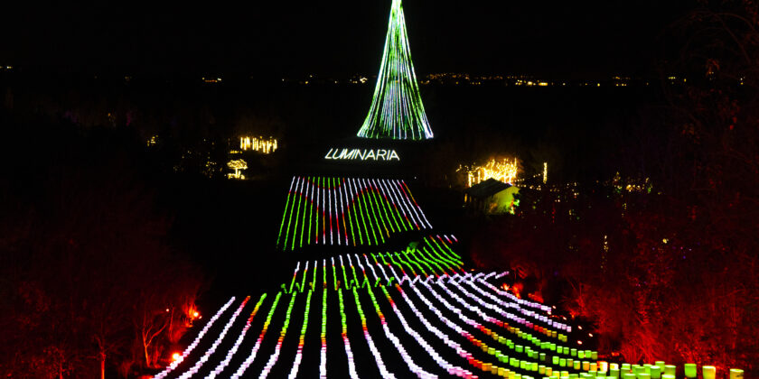 The first display to see when entering Luminaria is the Luminary Hill, where 6,500 luminaries and a 120-foot tree create iconic holiday images.